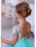 Cap Sleeves Tiffany Blue Jacquard Tulle V Back Flower Girl Dress